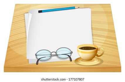Illustration of a table with empty pieces of papers on a white background