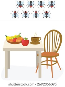 Ilustração de uma mesa com muita fruta e uma cadeira