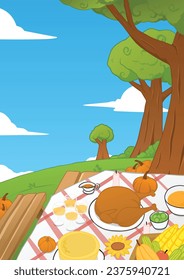 illustration of a table full of food and drinks to commemorate thanksgiving with a beautiful and bright view