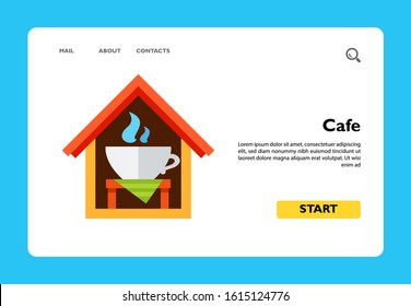 Illustration of table with hot coffee inside house. Cafe, coffee shop, drinking, break. Cafe concept. Can be used for topics like coffee break, breakfast, cafe