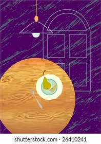 Illustration of a table, lamp, dinner plate and window frame