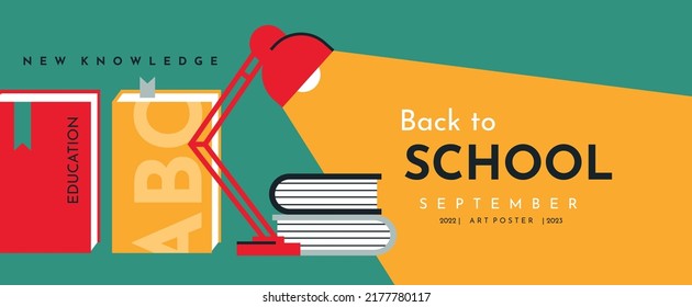 Illustration with a table lamp and a stack of books. Back to school. Vector background banner or advertising.