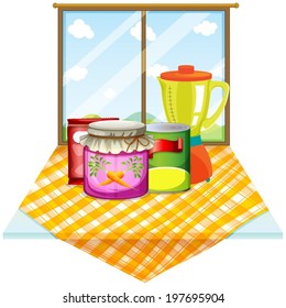 Illustration of a table near the window with foods inside the containers on a white background