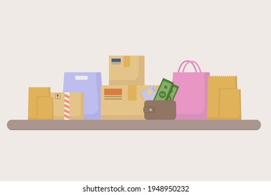 Illustration of a table on which there are mailboxes, a bag with purchases, a wallet with money.