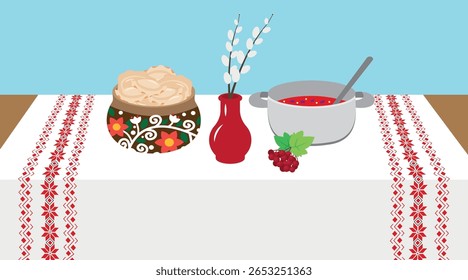 Illustration of a table with a pitcher of vesper and a bowl of borscht