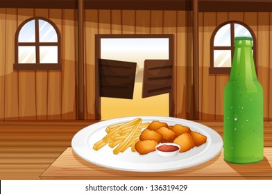 Illustration of a table with a plate of food and a soda