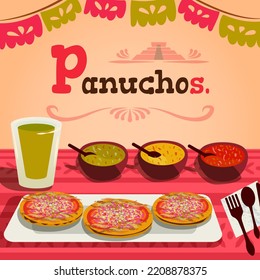 Illustration table served with panuchos accompanied with green, habanero and red sauces. Typical Yucatecan food. Mexican gastronomy.