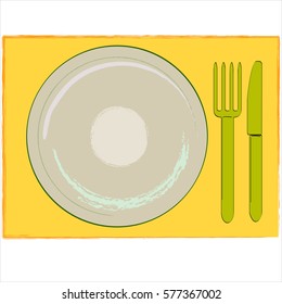 illustration of a table set - shows plate, fork and knife - to use for logo, background, menue card, etc.