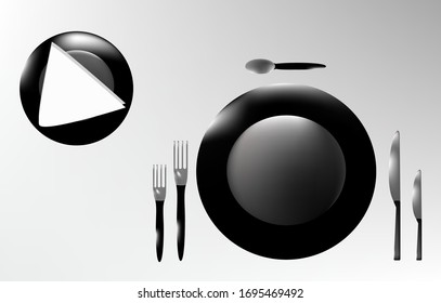 illustration of a table setting for one person, consisting of a front and bread plates, knives, forks and a dessert spoon, a white napkin, on a white-gray background