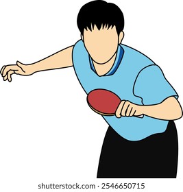 Illustration of a table tennis player in a light blue shirt, holding a red paddle and preparing for a dynamic shot. Ideal for sports graphics, ping pong-related designs, and athletic-themed projects