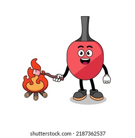 Illustration of table tennis racket burning a marshmallow , character design