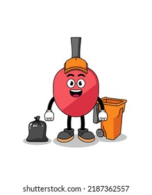 Illustration of table tennis racket cartoon as a garbage collector , character design