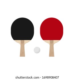 Illustration of table tennis red and black paddles and white ball. Ping-pong racket from wooden blade and rubber top. Vector equipment elements isolated on white background.