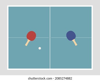 Illustration of a table tennis set up ready for play. Table tennis equipment: table, rackets, ball. High angle view. Vector.