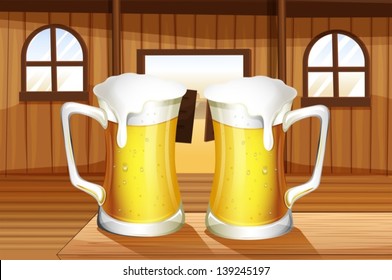 Illustration of a table with two mugs of beer