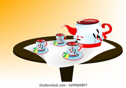 ilustración de una mesa con una servilleta blanca, un set de té sobre ella, sobre platillos limones y menta, sobre un fondo blanco-naranja