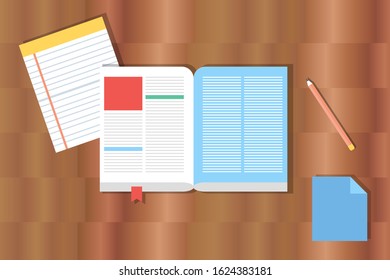 Illustration of tables, books, notes and pencils