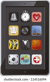 illustration of tablet with application icons, vector illustration