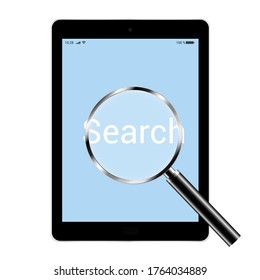 Illustration eines Tablets mit einem blauen Bildschirm und einer Lupe, die die Textsuche untersucht. Einzeln auf weißem Hintergrund - Vektorgrafik