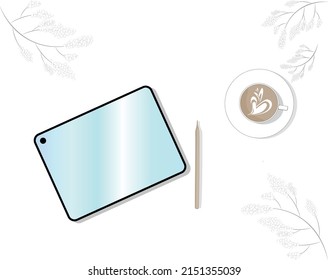 Illustration of a tablet computer with a cup of coffee. The tablet for work, drawing, designing, modeling at any time and in any place is convenient and comfortable.