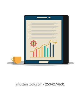 Ilustração de um tablet exibindo um gráfico financeiro com uma tendência crescente, gráfico de barras colorido e símbolo de dólar dentro de uma engrenagem. Uma pequena xícara de café fica ao lado do tablet, sugerindo um espaço de trabalho