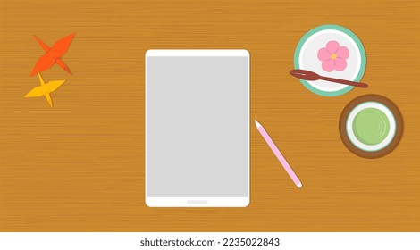 Illustration of tablet and Japanese style tea time