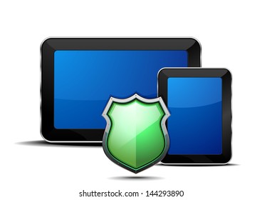 ilustración de un tablet para móvil pc y un smartphone con un escudo de armas aislado en blanco, concepto de seguridad de dispositivo móvil