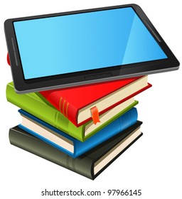 Illustration of a tablet pc e-book set upon a book stack/ Imaginary model of tablet not made from a real existing product or copyrighted model