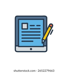 Illustration of a tablet with a pencil for digital note-taking. The illustration is in flat style.
