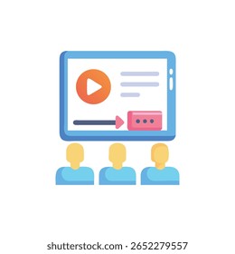 Video Ilustración de una tableta que presenta un episodio a una audiencia sin rostro en estilo gráfico plano, usando líneas limpias.