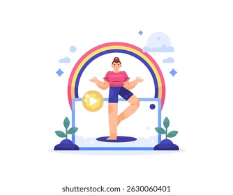 ilustração de um tablet mostrando um instrutor praticando movimentos de ioga. meditação para acalmar a mente. conceito de aula de ioga on-line. esportes e saúde mental. atividades e pessoas. design de estilo plano