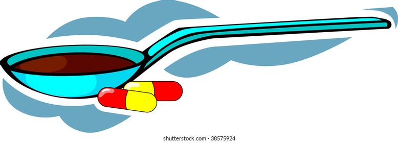 Illustration of tablet and spoon with tonic	