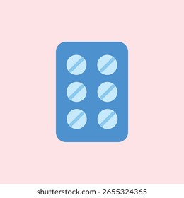 Ilustración de un empaque de tira de tableta que contiene seis píldoras azules sobre un fondo rosa, adecuado para temas de salud, farmacia y médicos.