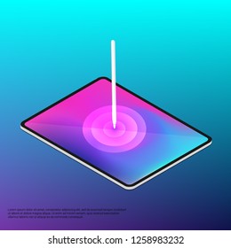 Illustration of a tablet which is pressed with a pen. Reaction to pressing. Shows the action of the tablet.