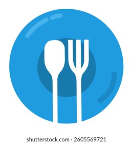 Illustration of tableware: plate, spoon, and fork.