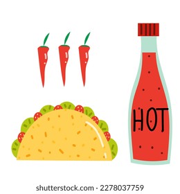 Illustration of taco, bottle of hot sauce and three chili peppers. Spicy Mexican food. 