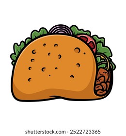 Illustration of taco in cartoon style. Design element for logo, label, badge, emblem. Vector illustration