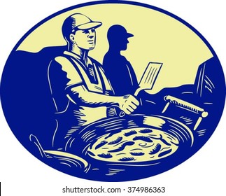Illustration of a Taco chef cook with frying pan in market food stall viewed from the side set inside oval shape done in retro style.