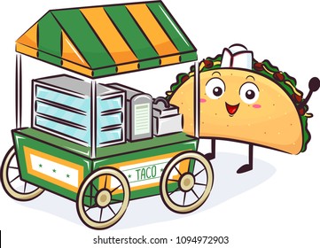 Illustration of a Taco Mascot Selling and Pushing His Food Cart