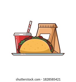 Illustration of Taco and Soft Drink Takeaway Menu, Vector Cartoon Isolated - Foods and Drinks Illustration Cartoon Style.