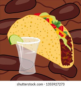 Illustration of a taco with a tequila worm on a brown background with a red bean pattern.