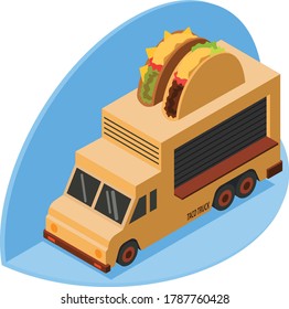 Illustration of taco truck with a taco statue as a symbol on the truck