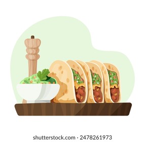 Ilustración de tacos con inmersión de guacamole y molino de pimienta de madera en tablero de madera. Cocina mexicana y comida callejera.