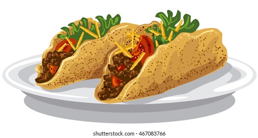 illustration of tacos with meat mince, tomatoes and fried potatoes