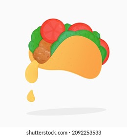 Illustration of tacos with meat, tomatoes, lettuce and cheese. The cheese flows down.  Isolated white background. EPS10 vector illustration.