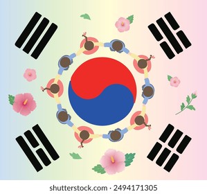 Ilustración de Taegeukgi (bandera coreana) con gente tocando Ganggangsullae y Rose of Sharon