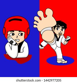 illustration of taekwondo boy, cute and funny character, there were two expressions, first the little boy who was kicking and the second expression was sad