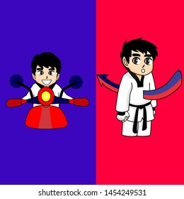 illustration of taekwondo boy, cute and funny character,Vector cartoon illustration