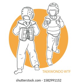 Illustration of taekwondo kids outline style on a yellow circle background