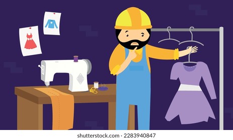 Illustration eines Schneiders, der an einer Nähmaschine arbeitet. Vektorgrafik